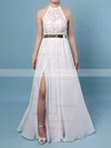 Sheath/Column Halter Lace Chiffon Floor-length Sashes / Ribbons Prom Dresses #Milly020103515
