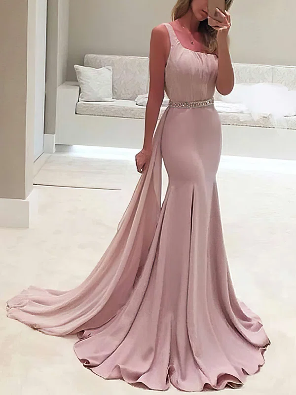 Trumpet/Mermaid One Shoulder Chiffon Sweep Train Beading Prom Dresses Sale #sale020103518