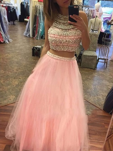 A-line Scoop Neck Tulle Floor-length Pearl Detailing Prom Dresses #Milly020103528
