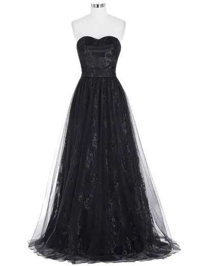 Black Ball Gown Strapless Floor-length Lace Tulle Prom Dresses #Milly020103532