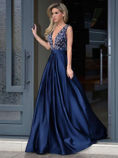 A-line V-neck Satin Sweep Train Beading Prom Dresses #Milly020103534