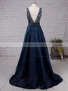 A-line V-neck Satin Sweep Train Beading Prom Dresses #Milly020103534