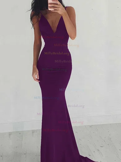 V-neck Purple Jersey Sheath Long Bridesmaid Dresses