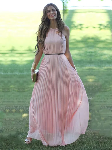 A-line Scoop Neck Chiffon Floor-length Sashes / Ribbons Prom Dresses #Milly020103547