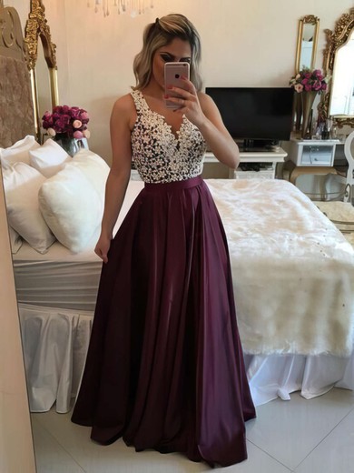 A-line V-neck Satin Floor-length Appliques Lace Prom Dresses #Milly020103548