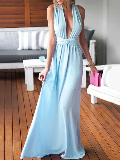 Sheath/Column V-neck Chiffon Floor-length Ruffles Prom Dresses #Milly020103552