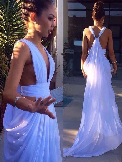A-line V-neck Chiffon Sweep Train Ruffles Prom Dresses #Milly020103575