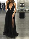 Black A-line V-neck Floor-length Tulle Prom Dresses With Split #Milly020103576
