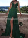 A-line Scoop Neck Chiffon Sweep Train Appliques Lace Prom Dresses #Milly020103578