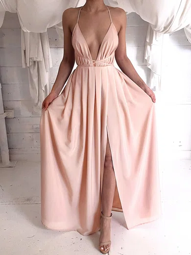A-line Floor-length V-neck Chiffon Split Front Prom Dresses #Milly020103583