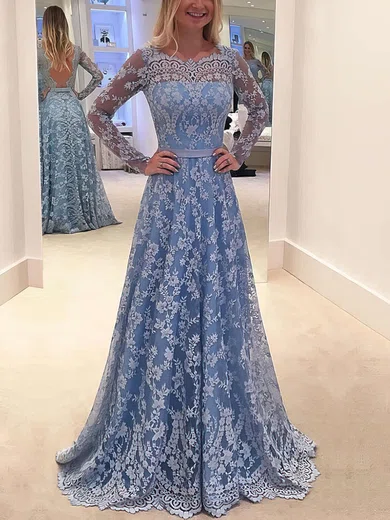 A-line Scalloped Neck Lace Floor-length Sashes / Ribbons Prom Dresses #Milly020103585