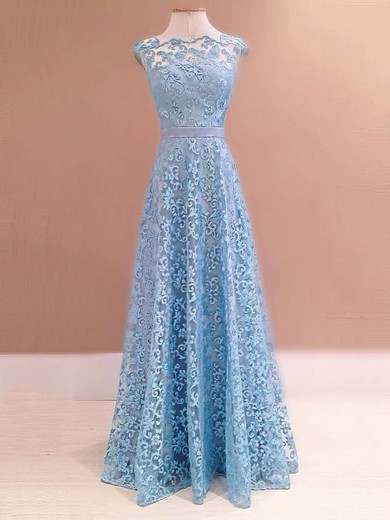 A-line Scalloped Neck Lace Floor-length Sashes / Ribbons Prom Dresses #Milly020103586