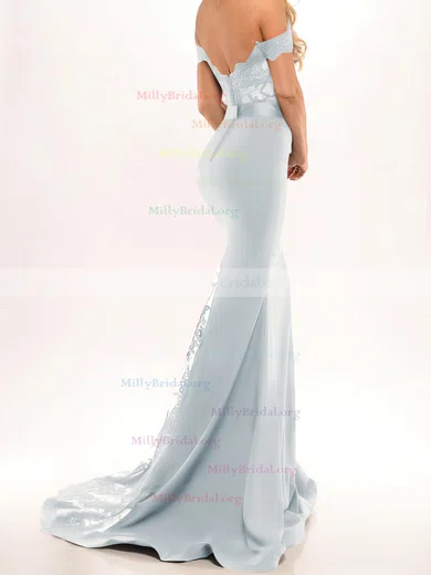 Satin Off The Shoulder Beading Light Blue Trumpet Mermaid Prom Dress