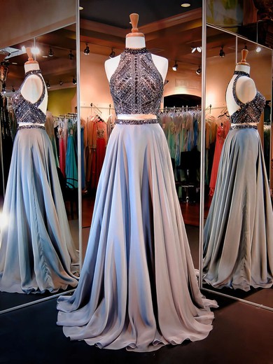 A-line High Neck Satin Chiffon Sweep Train Beading Prom Dresses #Milly020103591