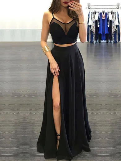 A-line Illusion Chiffon Two Piece Prom Dresses With Split #Milly020103593