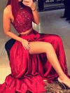 A-line High Neck Silk-like Satin Sweep Train Beading Prom Dresses Sale #sale020103602