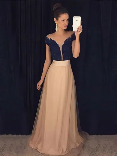 A-line Scoop Neck Tulle Floor-length Beading Prom Dresses #Milly020103604
