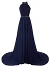 A-line Halter Lace Chiffon Sweep Train Beading Prom Dresses #Milly020103615