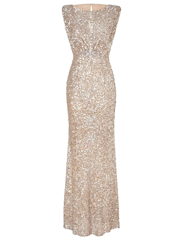 Sheath/Column Scoop Neck Sequined Floor-length Beading Champagne Sparkly Prom Dresses #Milly020103616