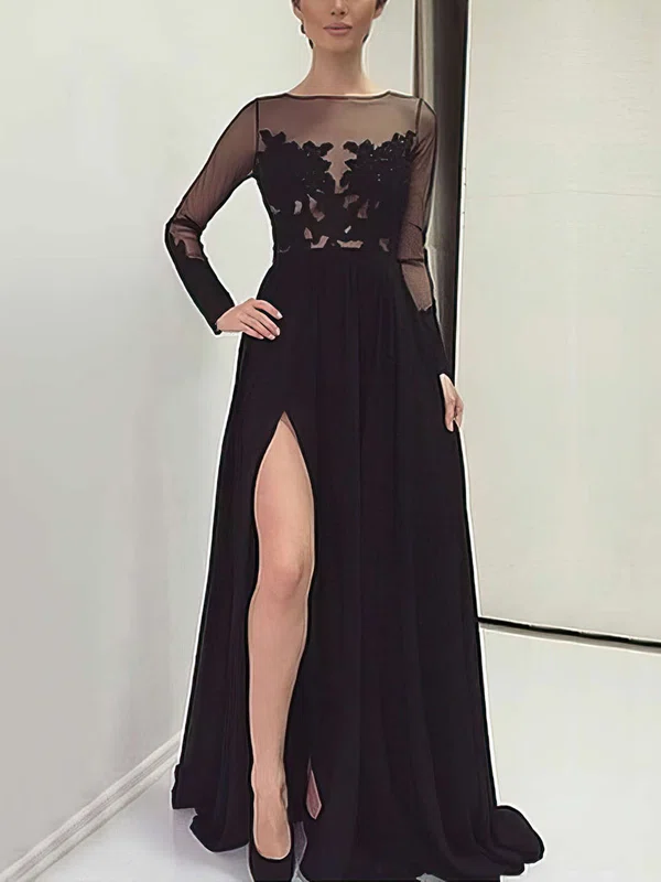 A-line Scoop Neck Chiffon Tulle Sweep Train Appliques Lace Prom Dresses #Milly020103633