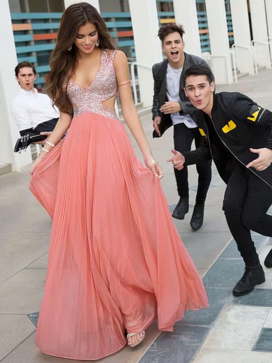 A-line V-neck Chiffon Floor-length Beading Prom Dresses #Milly020103634