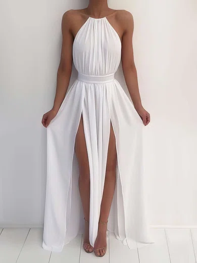 A-line Floor-length Halter Chiffon Split Front Prom Dresses #Milly020103638
