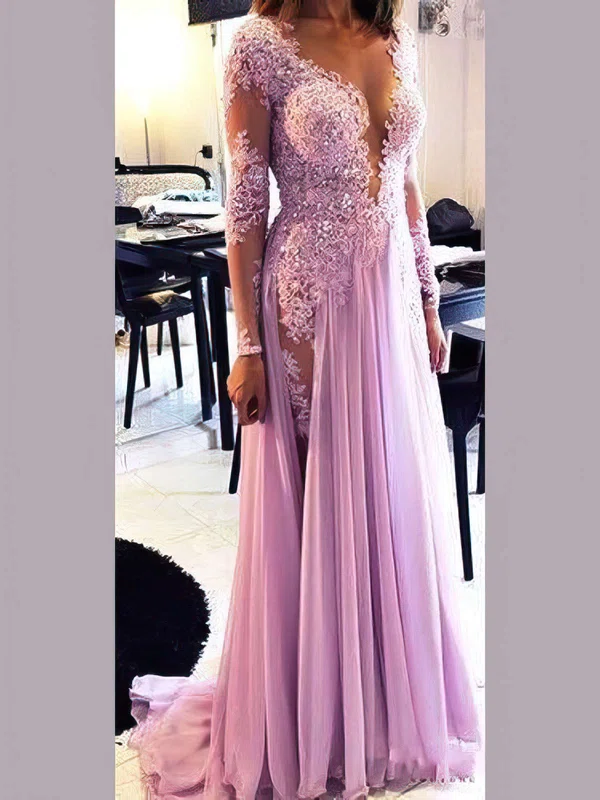 A-line Scoop Neck Chiffon Sweep Train Appliques Lace Prom Dresses #Milly020103641