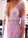 A-line Scoop Neck Chiffon Sweep Train Appliques Lace Prom Dresses #Milly020103641