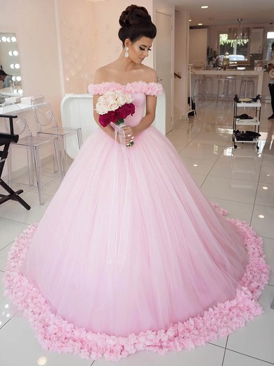Ball Gown Off-the-shoulder Tulle Court Train Appliques Lace Pink Glamorous Wedding Dresses #Milly00022798