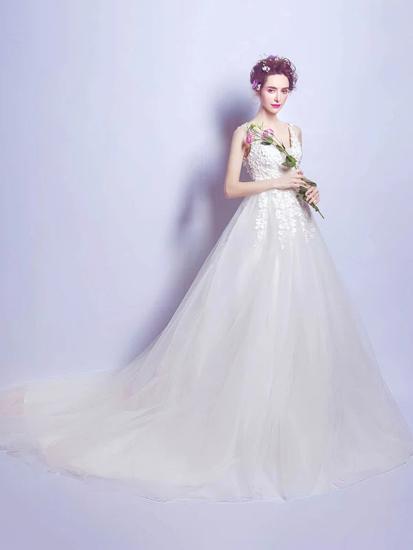 Ball Gown V-neck Tulle Chapel Train Wedding Dresses With Appliques Lace #Milly00022799