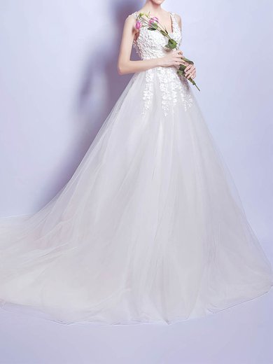 Ball Gown/Princess V-neck Tulle Chapel Train Wedding Dresses With Appliques Lace #Milly00022799