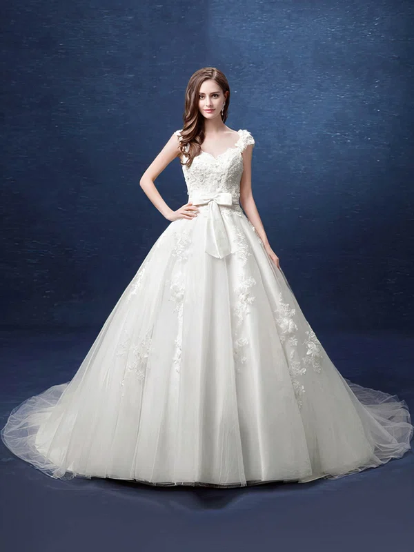 Ball Gown V-neck Tulle Court Train Wedding Dresses With Appliques Lace #Milly00022800