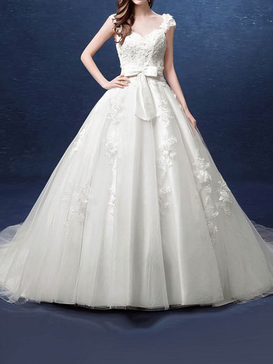 Ball Gown/Princess V-neck Tulle Court Train Wedding Dresses With Appliques Lace #Milly00022800