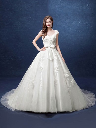 Fabulous Ball Gown V-neck Tulle Court Train Appliques Lace Backless Wedding Dresses #Milly00022800