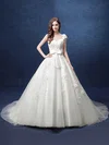 Ball Gown V-neck Tulle Court Train Wedding Dresses With Appliques Lace #Milly00022800