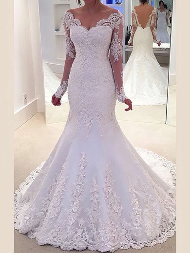 Trumpet/Mermaid Off-the-shoulder Tulle Sweep Train Wedding Dresses With Appliques Lace #Milly00022803