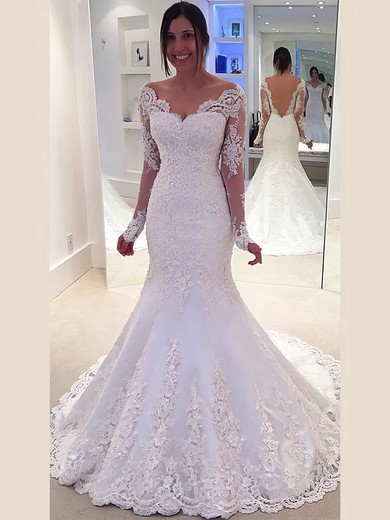 Modest Trumpet/Mermaid Off-the-shoulder Tulle Sweep Train Appliques Lace Long Sleeve Wedding Dresses #Milly00022803