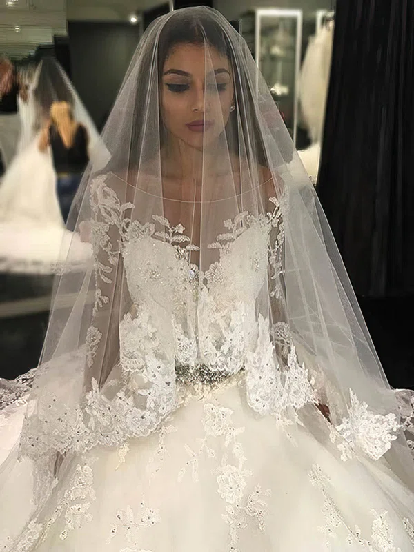 Stunning Ball Gown Scoop Neck Tulle Chapel Train Appliques Lace Long Sleeve Wedding Dresses #Milly00022804