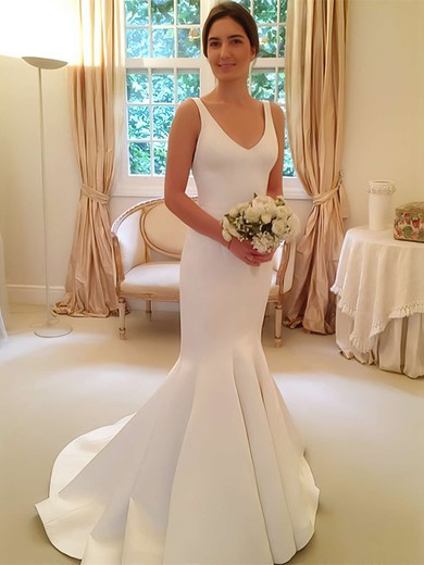 Trumpet/Mermaid V-neck Satin Sweep Train Bow Backless Simple Wedding Dresses #Milly00022805