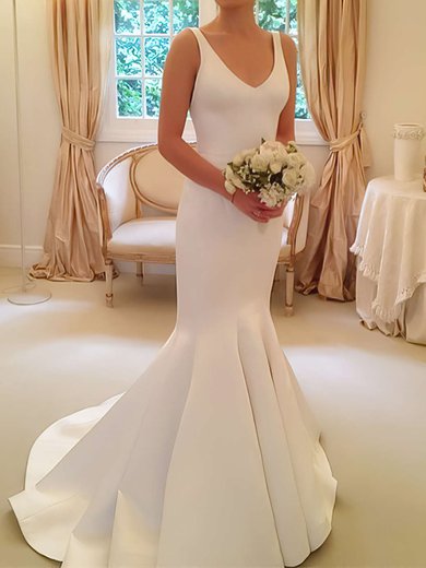 Trumpet/Mermaid V-neck Satin Sweep Train Wedding Dresses With Bow #Milly00022805