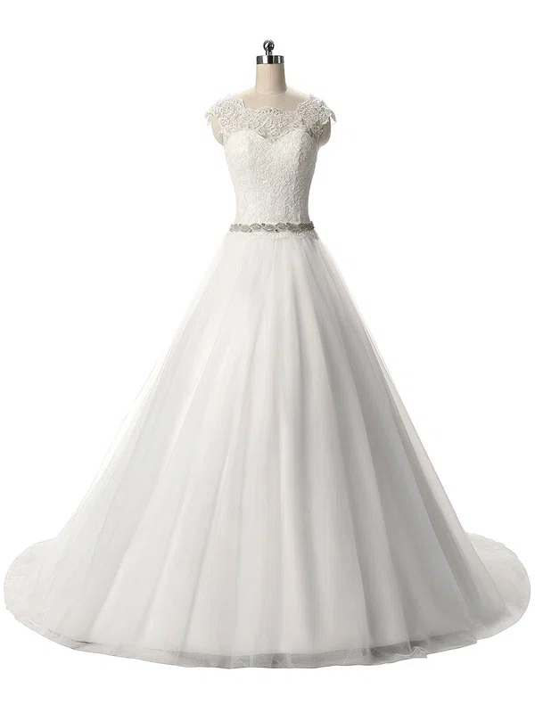Ball Gown Illusion Tulle Sweep Train Wedding Dresses With Appliques Lace #Milly00022806