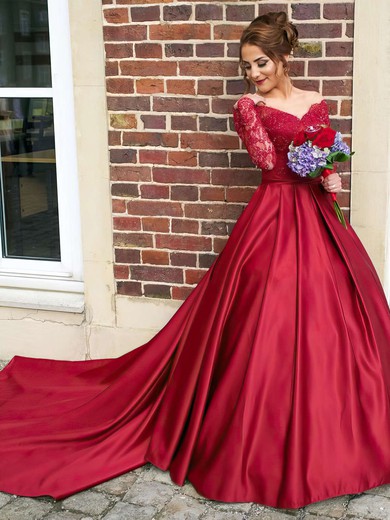Classy Ball Gown Off-the-shoulder Satin Tulle Watteau Train Appliques Lace Burgundy Long Sleeve Wedding Dresses #Milly00022807
