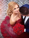 Trumpet/Mermaid Off-the-shoulder Tulle Court Train Appliques Lace Burgundy Sexy Wedding Dresses #Milly00022809