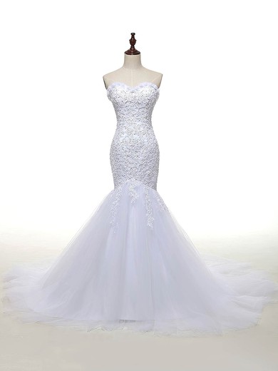 Custom Trumpet/Mermaid Sweetheart Tulle Court Train Appliques Lace White Wedding Dresses #Milly00022810