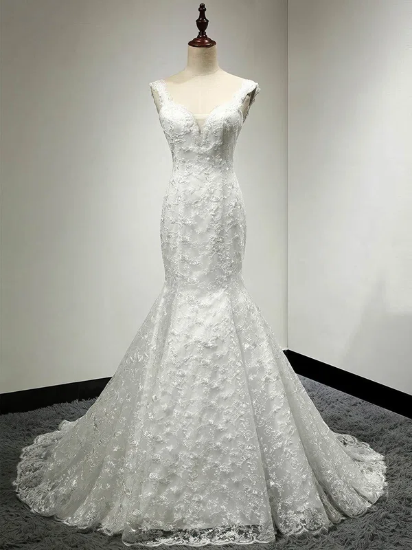 Trumpet/Mermaid V-neck Lace Sweep Train Wedding Dresses With Appliques Lace #Milly00022811