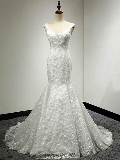 Trumpet/Mermaid V-neck Lace Sweep Train Appliques Lace Ivory Classic Wedding Dresses #Milly00022811