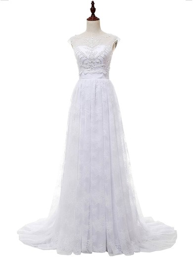 A-line Sweetheart Lace Chiffon Sweep Train Appliques Lace Affordable Wedding Dresses #Milly00022813