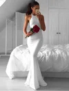 Hot Trumpet/Mermaid Halter Jersey Ruffles Sweep Train White Backless Wedding Dresses #Milly00022814