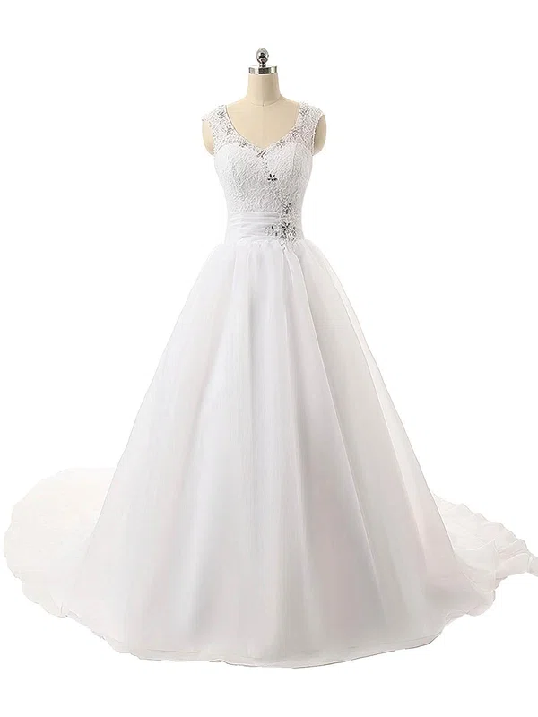 Ball Gown V-neck Organza Court Train Wedding Dresses With Beading #Milly00022815