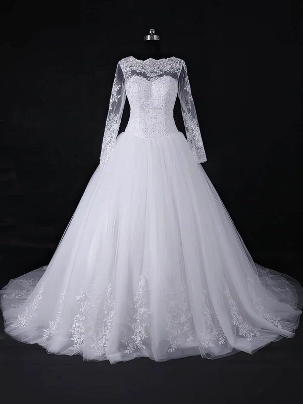 Ball Gown Scoop Neck Tulle Court Train Appliques Lace White Long Sleeve ...